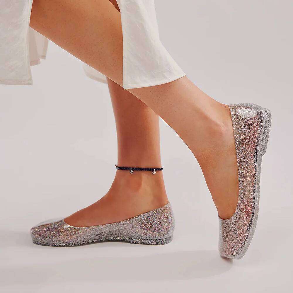 Leisure Jelly Shoes Woman Summer Flat Sandals Soft PVC Bling Transparent Color Square Toe Female Home Street Flats Big Size 42
