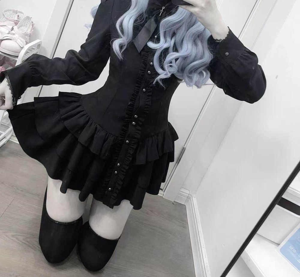 Women Solid Lace Shirt Dress Spring Elegant Ladies Stand Collar Hollow Out Single-Breasted Cascading Ruffles Mini Dresses 210303