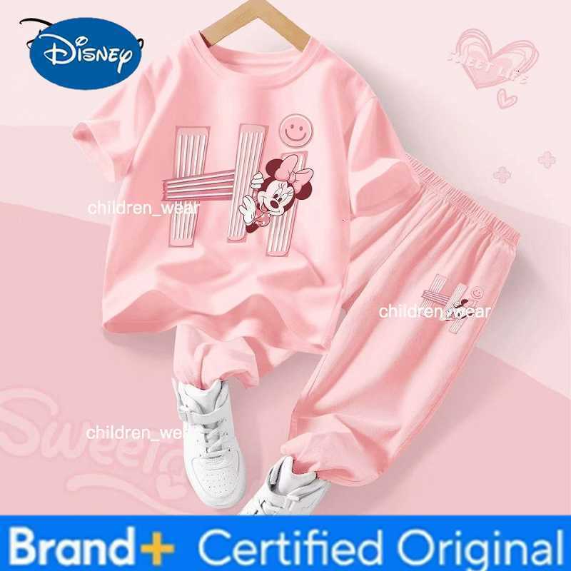 Disney Summer Baby Girl Clothes Set Children Minnie Cartoon Printing O-Neck T-shirt and Pants Two Pieces Suit Cotton Tracksuit H2603051