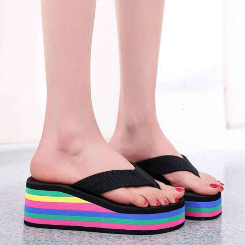 Women's Rainbow Color Platform Flip Flops Summer Thick Sole Lightweight Slip-on Wedges Sandals Girls Beach Slippers