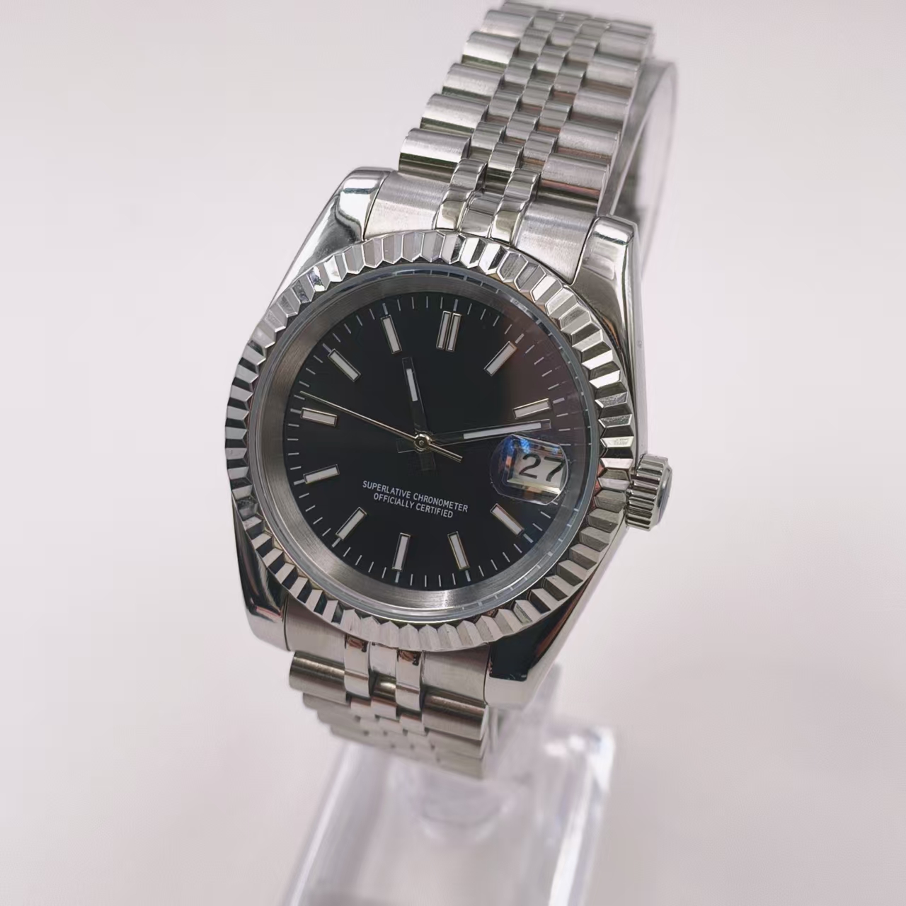 Self Made Diy NH35 Movement Sliver Watch Mod 39mm 316L Case 20mm 904L Strap green luminous Hands sapphire glass Fit NH35 movement strip nail Black 28.