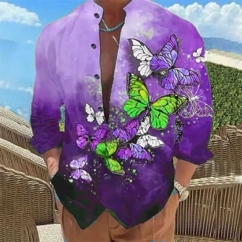 Mens Shirt 6-color Hawaiian 3D Mens Long Sleeved Shirt Butterfly Single Button Fashionable Casual Shirt M260305