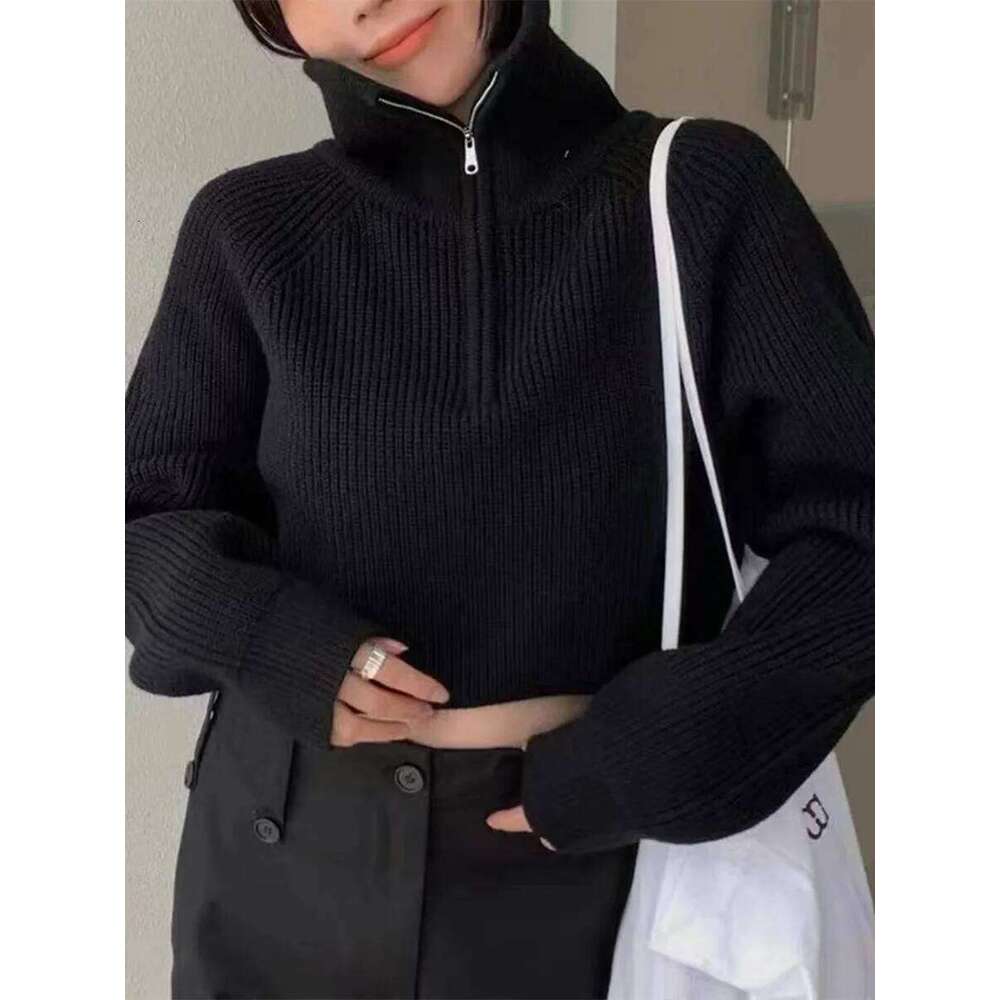 Quarter Zip Knit Sweater Cozy High Collar Long Sleeve Crop Jumper Pullover Women Teenage Girl Fall Winter XJ260305