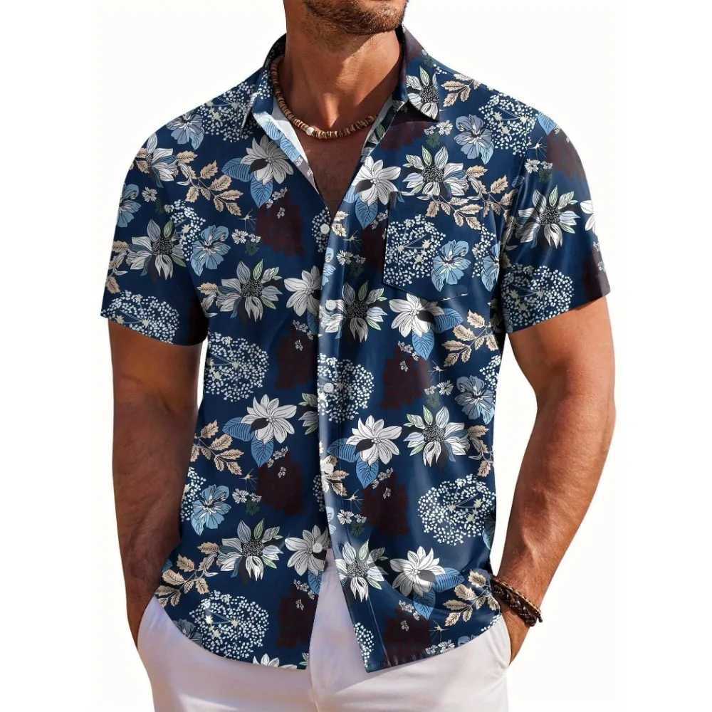 Mens Short Sleeve Shirt Hawaiian Botanical Flower Print Lapel Seaside Button-Down Shirt Top Casual Fashionable Shirts a65 M260305