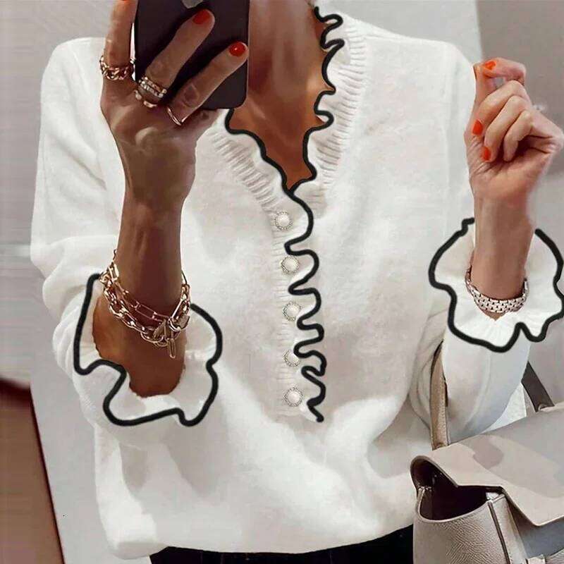 2024 Fall Winter Color Contrasting Knitted Casual Ruffle Button Long Sleeve Elegant Lady V-neck Commuter Sweater XJ260305
