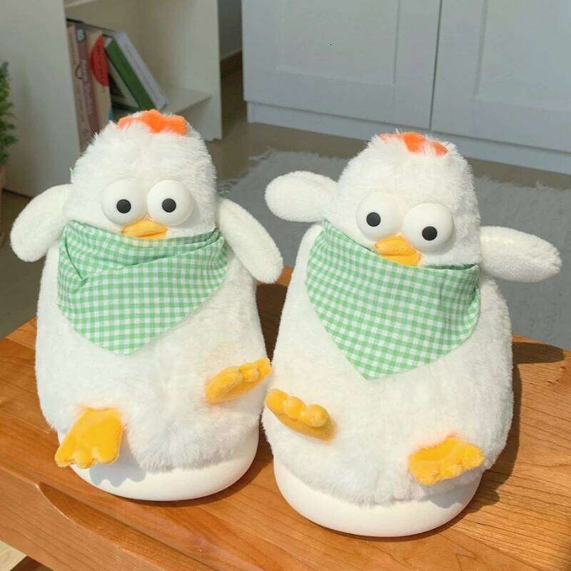 Women Indoor Fluffy Slippers Cute Cartoon Chicken Winter House Shoes Warm Plush Anti-slip Female Home Floor Cotton Slides