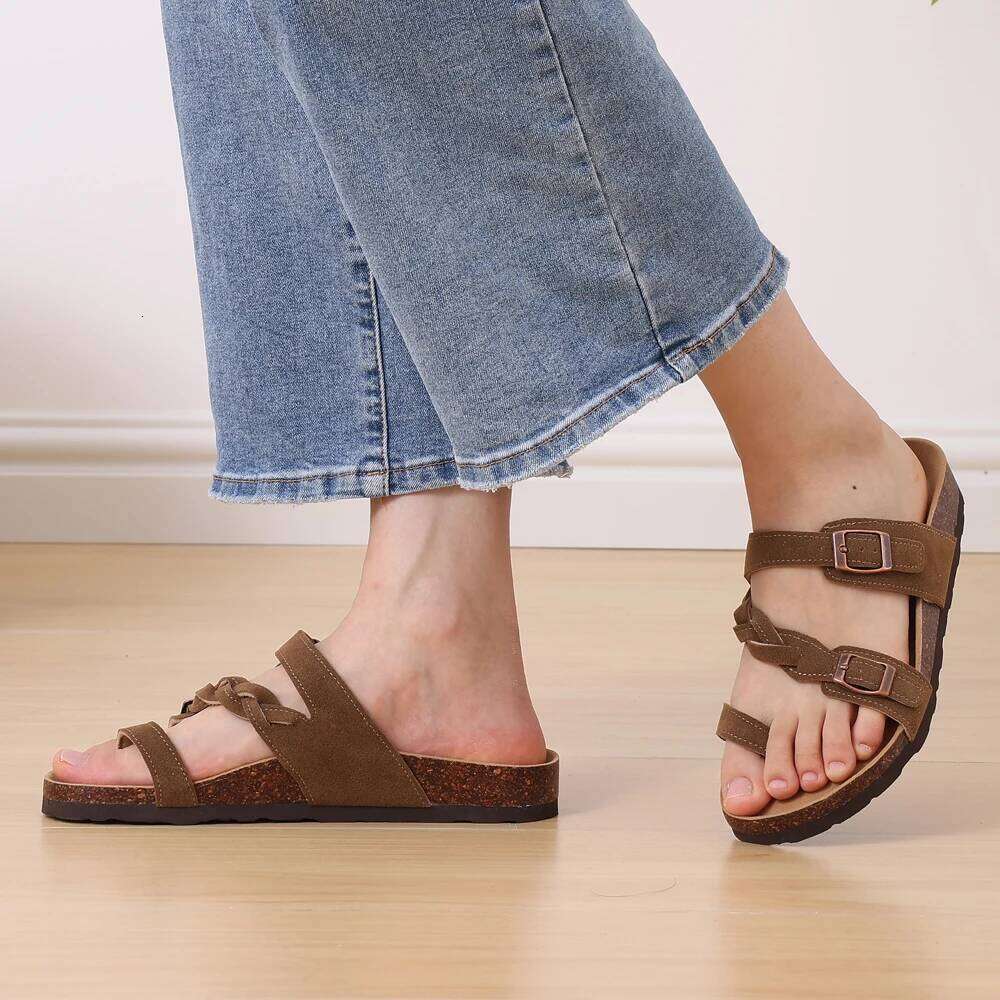 Kidmi Summer New Women's Cork Footbed with Arch Support Comfortable Slip-On Slide Sandals With Double Adjustable Buckles