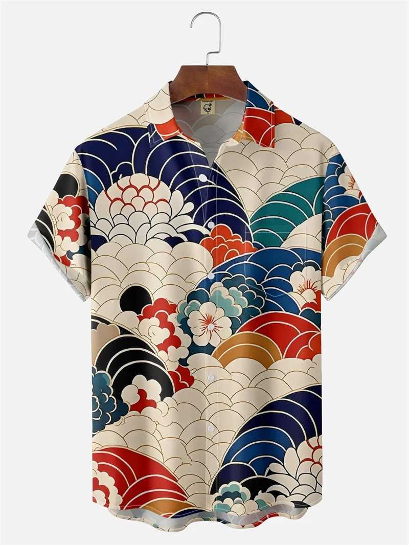 Japanese Style Ukiyoe Wave Print Men Women Short SLeeve Button Shirts Summer Fashion Clothes Tops HAWaiian Unisex Blouse M260305