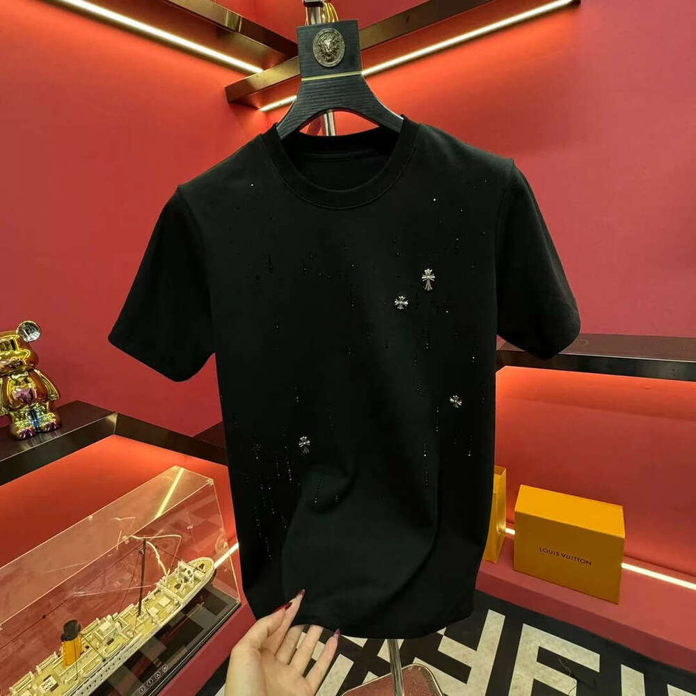 Men's T-Shirt, Brand, Short-Sleeved, Star-Patterned, Round-Neck, Cross-Print, Slim-Fit, Youth Fashion, Casual, Trendy Short-Sleeve