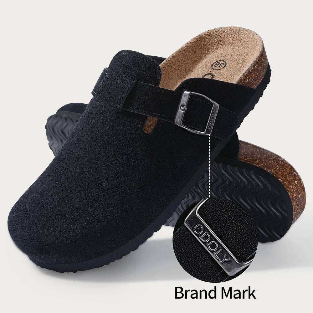 Kidmi Trendy Cork Footbed Men Suede Clogs Slippers Classic Leather Soft Antiskid Home Mules