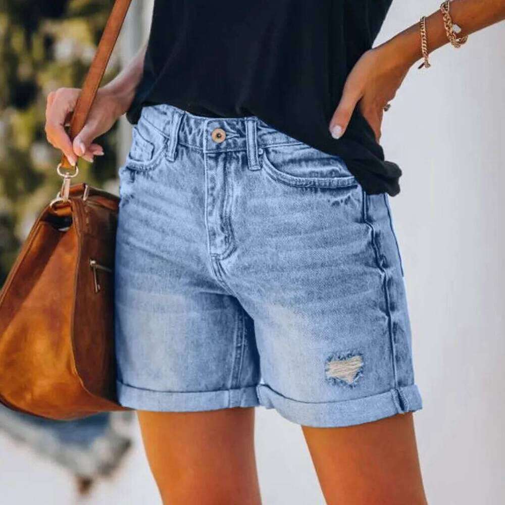 Short Jeans Women Vintage Hole Shorts Washed Distressed Pockets High Waist Streetwear 2025 Female Summer Denims Straight Pants XJ260305