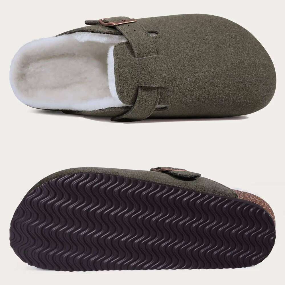 KIDMI Women's Fur Lined Suede Slippers Winter Fuzzy Cork Footbed Mules Outdoor Antiskid Slip On Potato Shoes Men Clogs