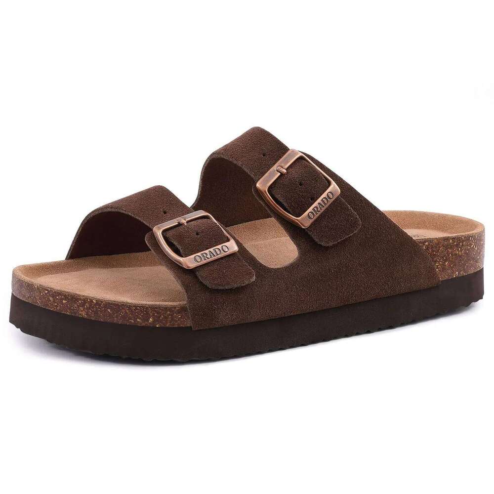 Kidmi New Double Buckle Cork Suede Men Slippers Outdoor Beach Slide Casual Soft Nonslip Sandals