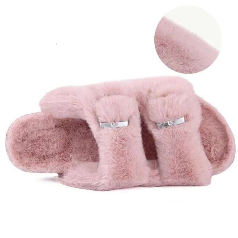 Kidmi Winter Womens Slippers Cork Insole Slides Arch Support Cozy Fluffy Covered Sandals With Adjustable Metal Buckle Shoes