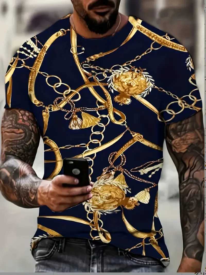 Retro mens short sleeved shirt with luxurious gold Baroque chain pattern suitable for summer banquet street wear M260305
