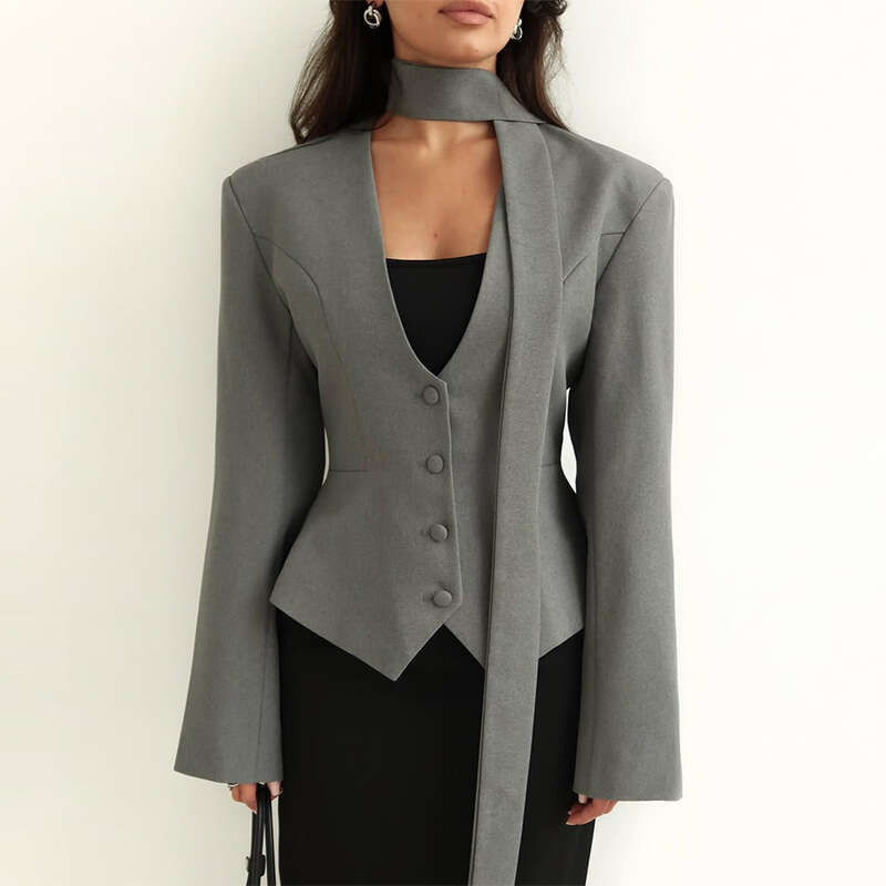2025 New Fashion Solid Color V-Neck Scarf Decorated Long Sleeve Casual Blazer Jacket Top