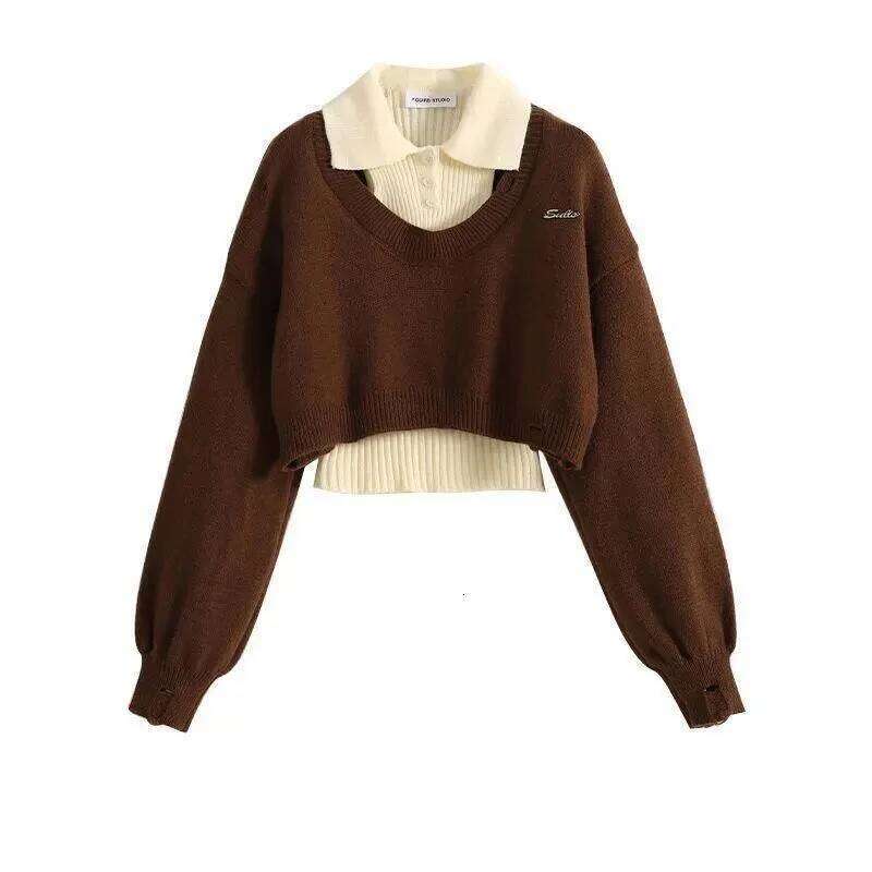American Style Short Women's Autumn Winter Wear Two-Piece Set Knitted Sweater And Vest Top outfit knitted Pullover Shirt XJ260305