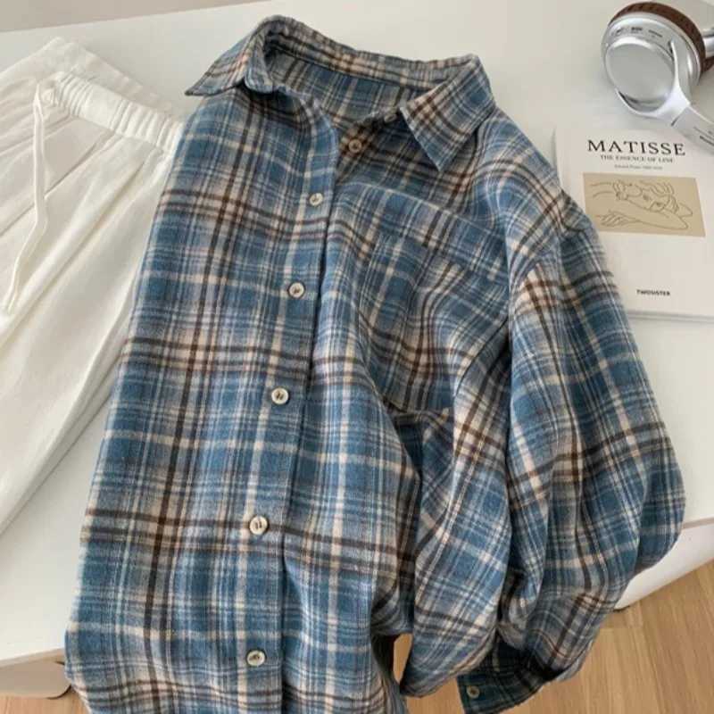 Retro American Blue Plaid Shirt Loose Casual Style for Men and Women Spring Autumn Trendy Brand Versatile Outerwear M260305
