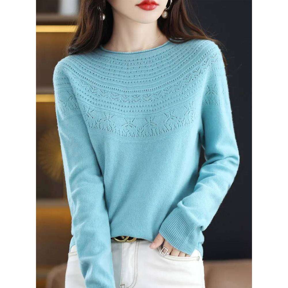Women 100% Merino Wool Sweater Autumn Winter Pullovers O-Neck Hollow Cashmere Knitwear Female Basic Bottoming Clothing Tops XJ260305