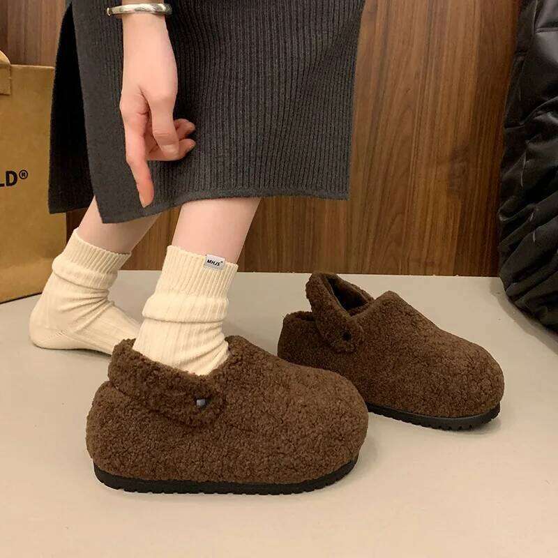 Faux Fur Platform Slippers For Women Winter Fluffy Soft Plush Thick Sole Height Increasing Female Indoor Street Shoes