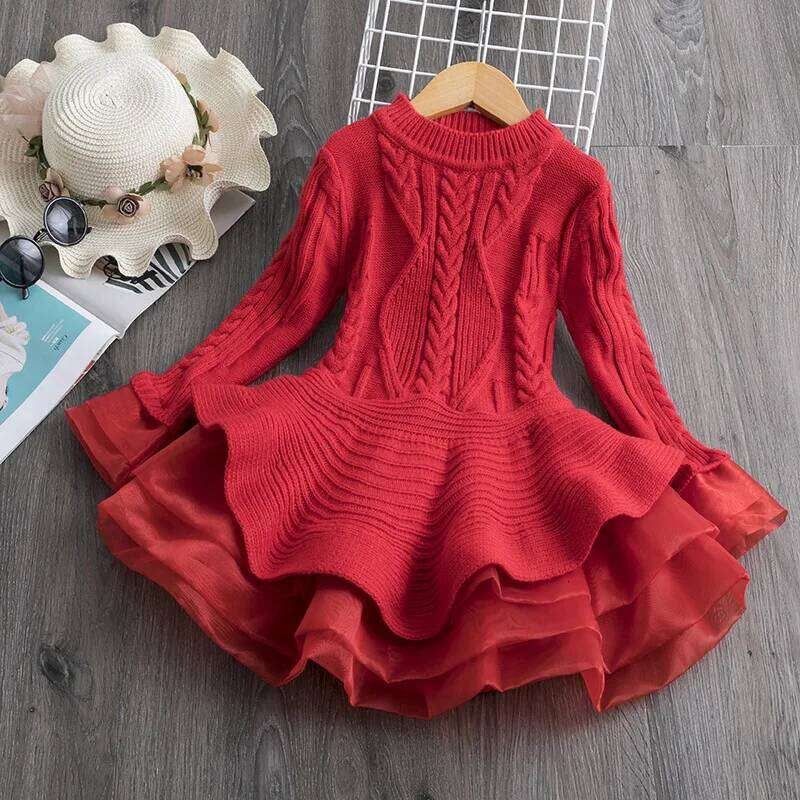 Winter Knitted Chiffon Dress Girl Christmas Party Long Sleeve Children Clothes Kids Dresses For Girls New Clothing Z260304