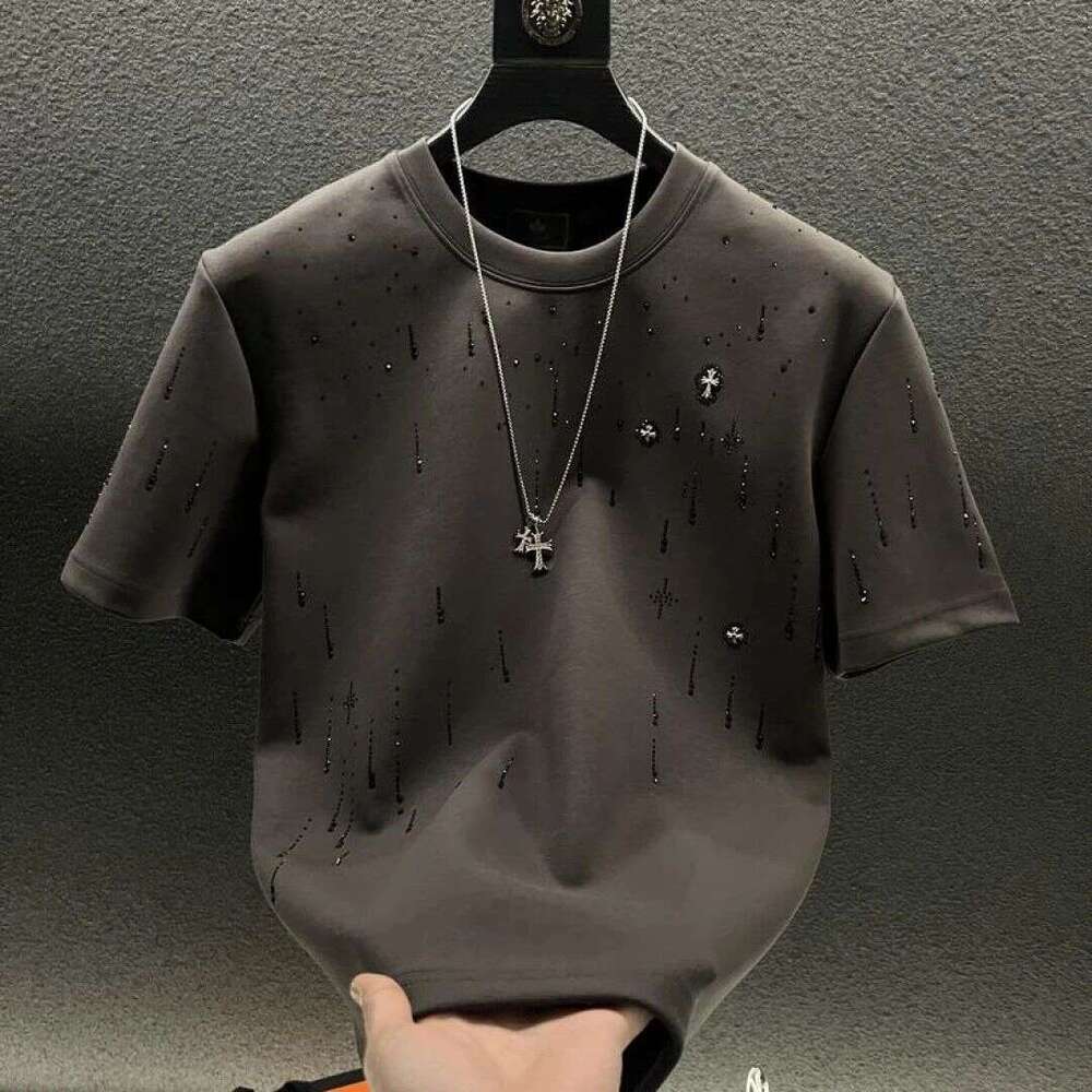 Men's T-Shirt, Brand, Short-Sleeved, Star-Patterned, Round-Neck, Cross-Print, Slim-Fit, Youth Fashion, Casual, Trendy Short-Sleeve