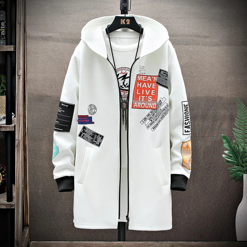 2026 Fashion Printed Mens Trench Coat Streetwear Hooded Harajuku Windbreaker Slim Fit Ribbons Outwear 260302