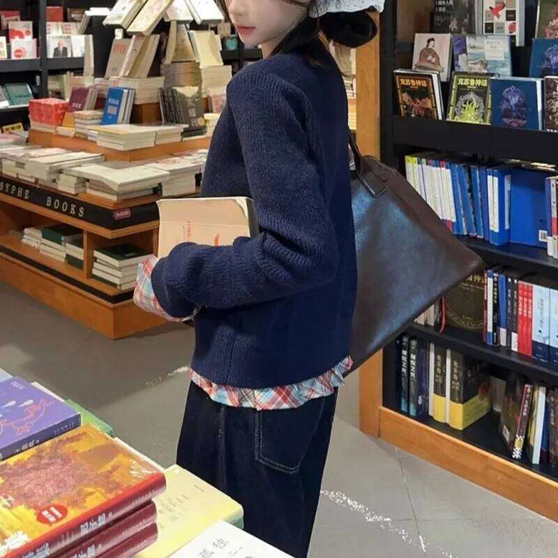 Vintage Plaid Patchwork Sweaters Female Clothing Korean Fake Two Pieces Autumn Winter Fashion Embroidery Loose Knitted Jumpers XJ260305