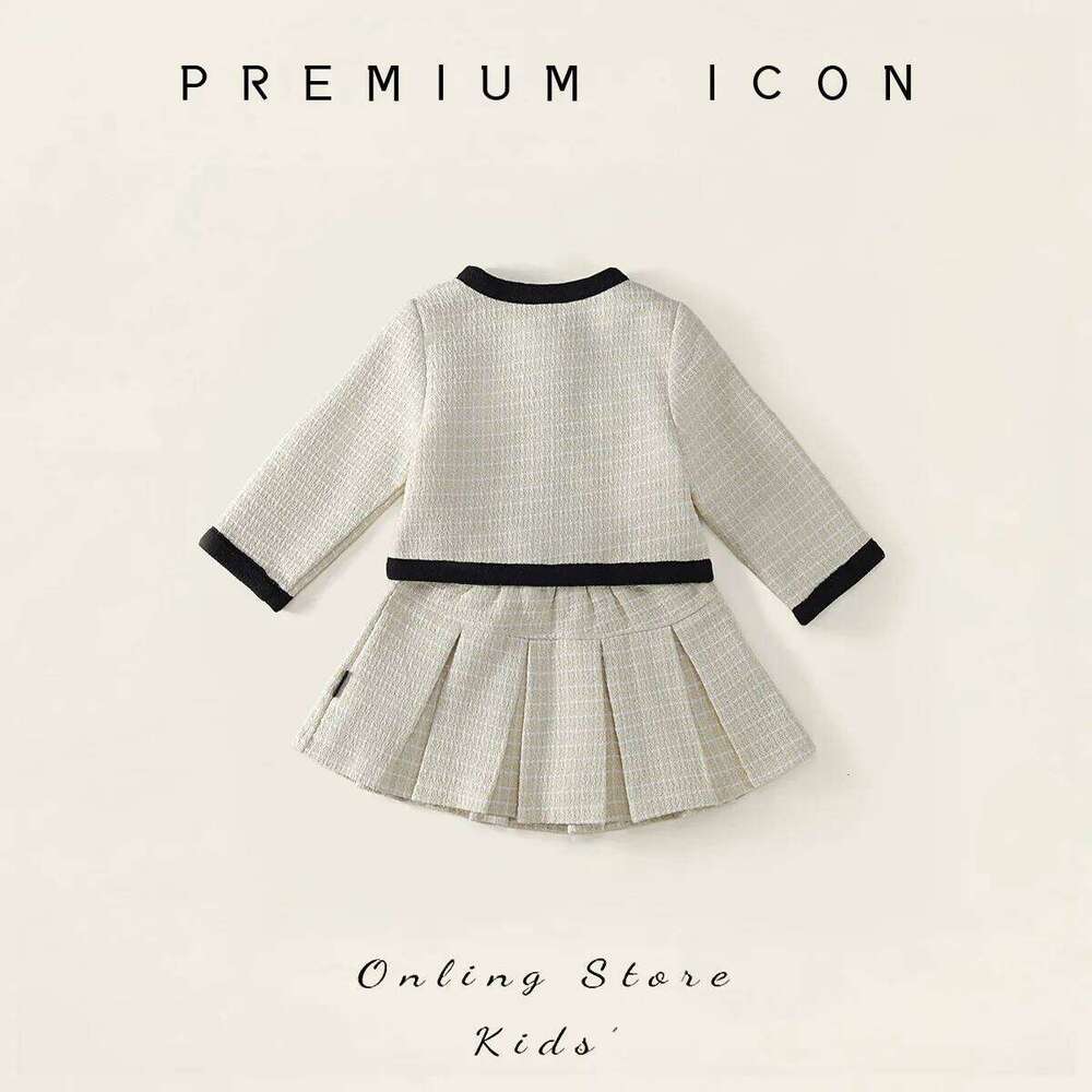 Autumn 2-8Yrs Two-piece Clothes Set Round Collar Children Outerwear Suits Infant Babys Girls Pleated Skirts Outfits Z260304