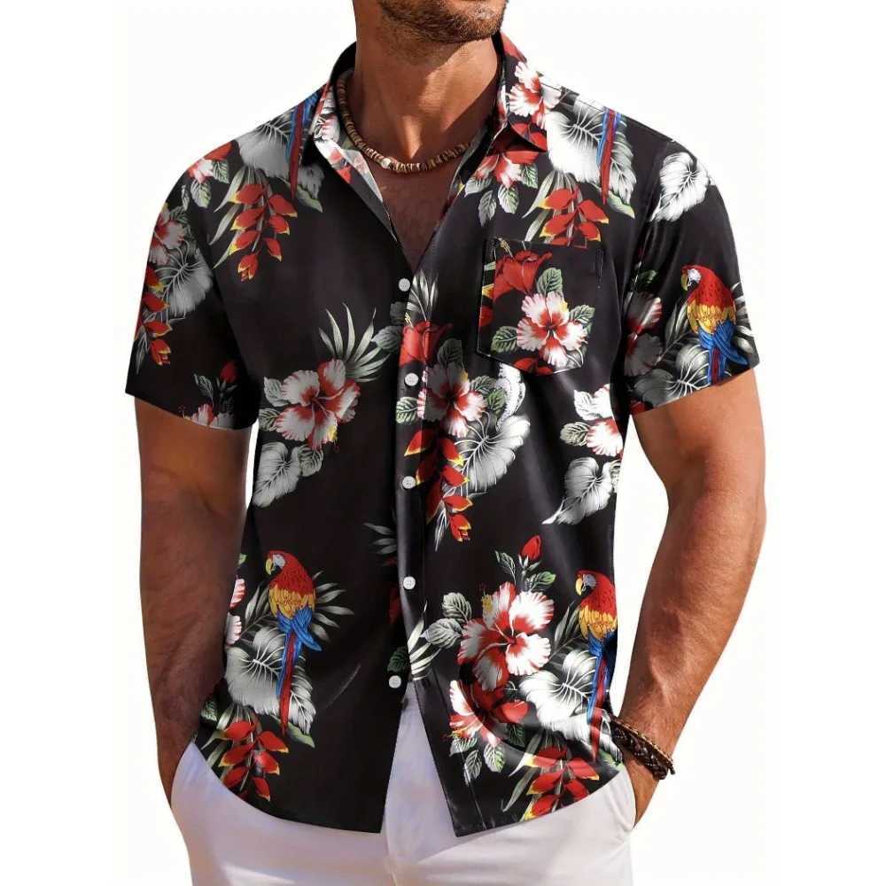 Mens Short Sleeve Shirt Hawaiian Botanical Flower Print Lapel Seaside Button-Down Shirt Top Casual Fashionable Shirts a65 M260305