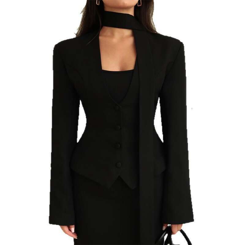 2025 New Fashion Solid Color V-Neck Scarf Decorated Long Sleeve Casual Blazer Jacket Top