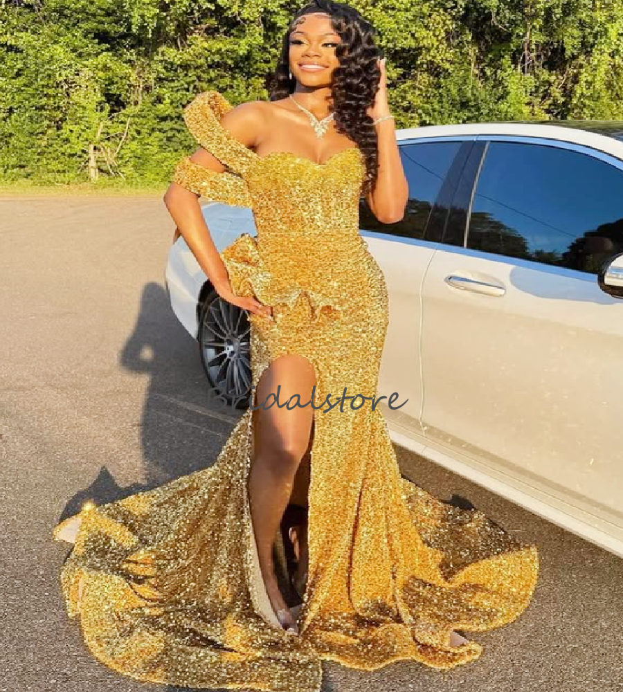 Unique Gold Mermaid Evening Dress Sparkly Sequin Slit Prom Dress 2026 Elegant Black Girls Formal Occasion Birthday Dress Luxury Nigeria Vestio De Noch