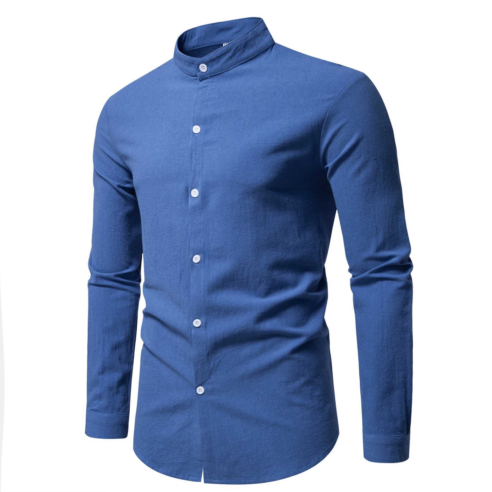 Spring Mens Long Sleeve Stand Collar Solid Color Casual Shirt Mens Pure Cotton Fashion Cardigan M260305