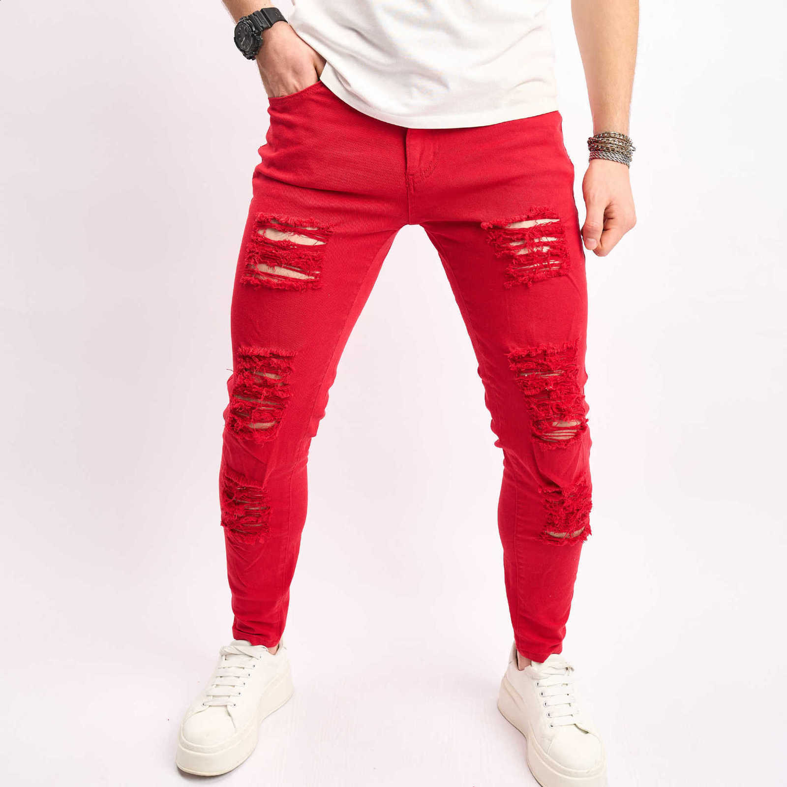 Men's simple solid-color tight-fitting pocket jeans men's casual short-legged jeans 230731
