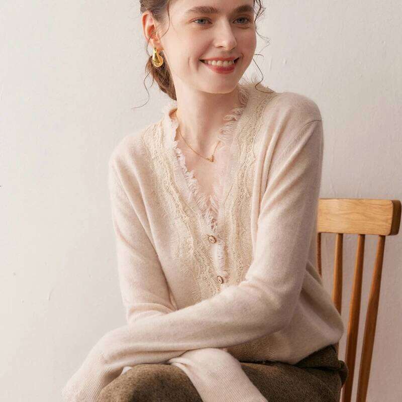 Autumn/Winter Women's 100% Pure Cashmere Cardigan Casual Solid Lace Knitted Sweater Fit V-neck Tops Warm Single breasted Jumper XJ260305