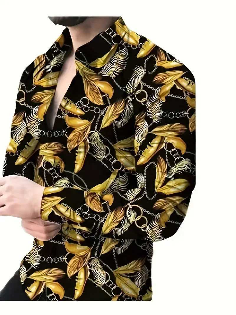 Mens gold chain printed casual shirt button style long sleeved spring versatile lapel luxurious fashion long sleeved shirt for M260305