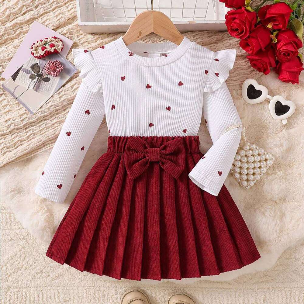 Kids 2PCS Spring New Style For Girls 1-6 Years Old Sweet And Lovely Love Pattern Top + Red Pleated Short Skirt With Bow Set Z260304