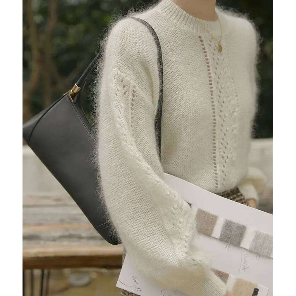 New 2025 Autumn Spring Soft Mohair Sweater Chic Women O Neck Knitted Hollow Out Lantern Sleeve Loose White Short Thin Pullover XJ260305