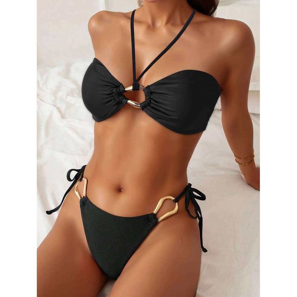 Sexy Bandeau Bikini 2025 Women Black Metal Buckle Push Up Bandage Thong Swimsuit Summer Bathing Suit Holiday Pool Swimwear Y260303