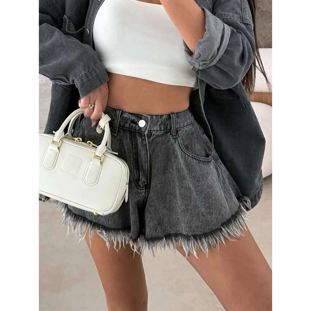 high-waisted umbrella black denim shorts women XJ260305