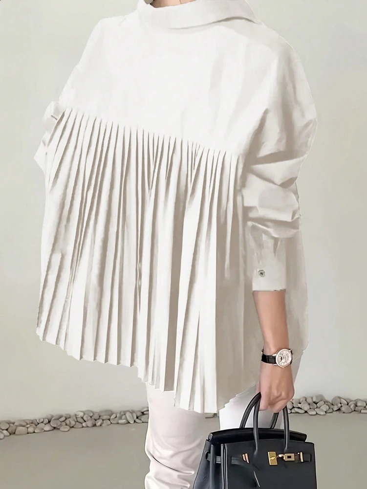 Plus Size 2025 Spring and Summer Womens POLO Collar Pleated Casual Single Row Button Shirt Blouse Solid Color 260228