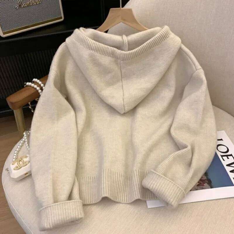 Khaki Knitted Hooded Cardigans Women Casual Drawstring Students Sweaters Zip-up Coats Spring Winter Loose Soft XJ260305