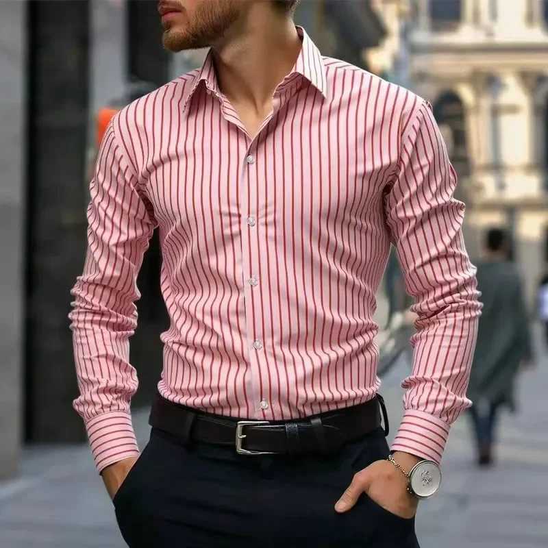 Spring Autumn Men Clothes Long Sleeve Stripe Shirt Men Business Casual Lapel Button Shirt Tops M260305
