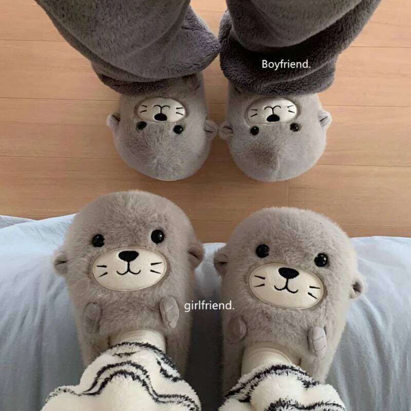 Cute Cartoon Seal Indoor Fluffy Slippers For Women Men Winter House Shoes Soft Plush Anti-slip Lovers Home Floor Cotton Slides
