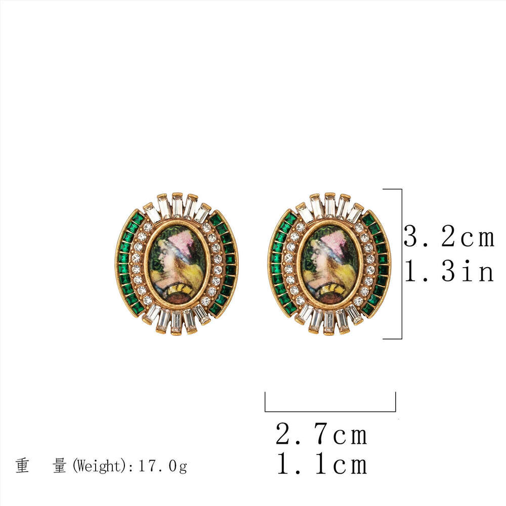 Versatile Retro Oil Painting Emerald Diamond Earrings Niche High-End Vintage Style Elegant Earrings Women High-Quality
