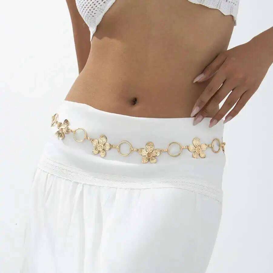 KunJoe Elegant Gold Color Flower Belt Belly for Women Summer Beach Sexy Adjustable Waist Chain Bikini Body Jewelry New S260304
