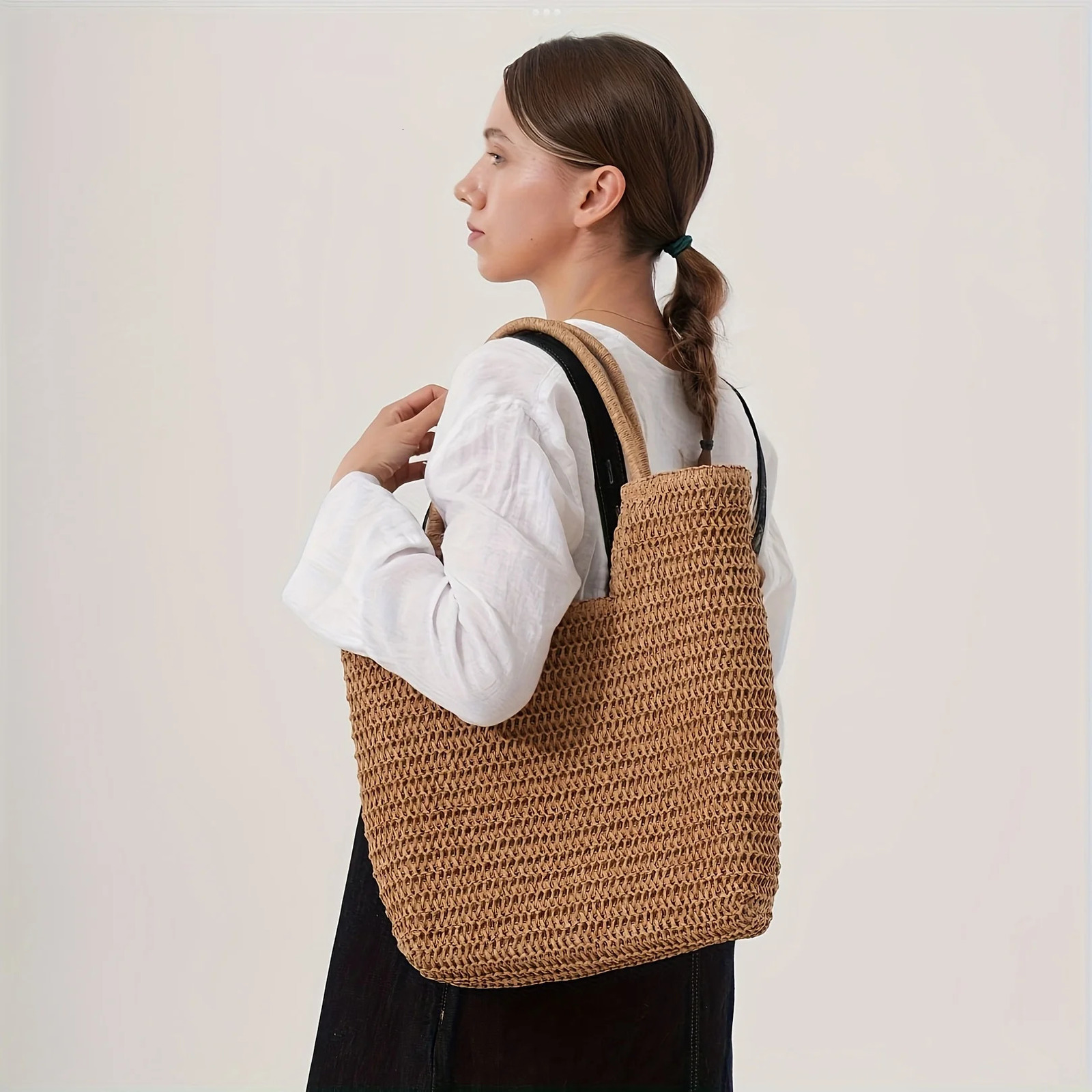 Large Capacity High-Quality Paper Straw Tote Bag - Durable Woven Beach Casual Handbag with Fixed Shoulder Straps 260303