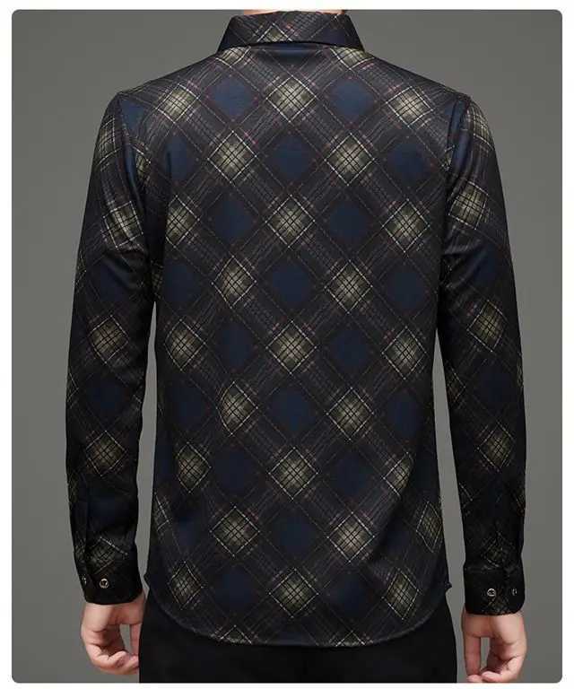 Mens Long-sLeeved Shirt Middle-aged Large-size Square Collar Plaid Pocket Fashionable Casual and Free Ironing M260305