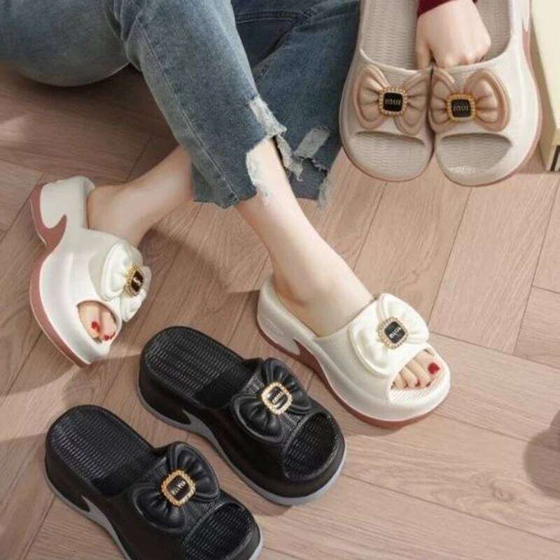 Kidmi EVA High-value Versatile Womens Round Head Slippers Summer New Fashion Thick-soled Elevated Bow Flip-flops