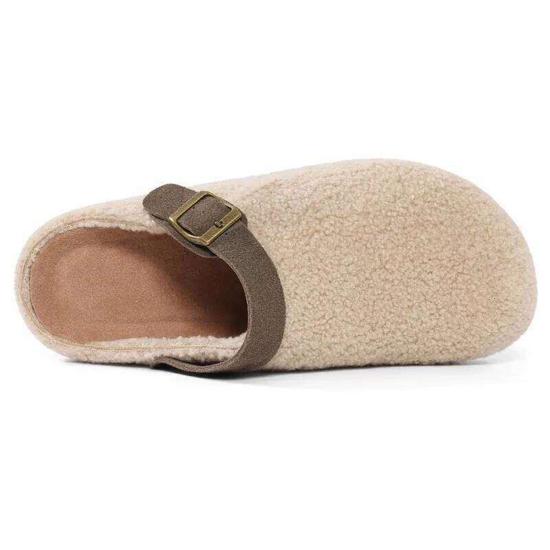 Kidmi New Winter Furry Womens Adjustable Buckle Slip On Cork Insole Slides Fluffy Comfy Slippers With Arch Support